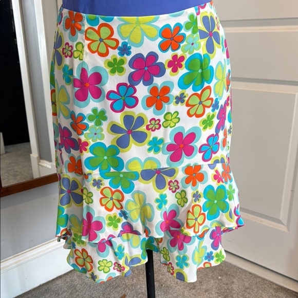 Allison Taylor 100% silk retro floral ruffle tiered skirt multicolor flowers 12 - Picture 2 of 9